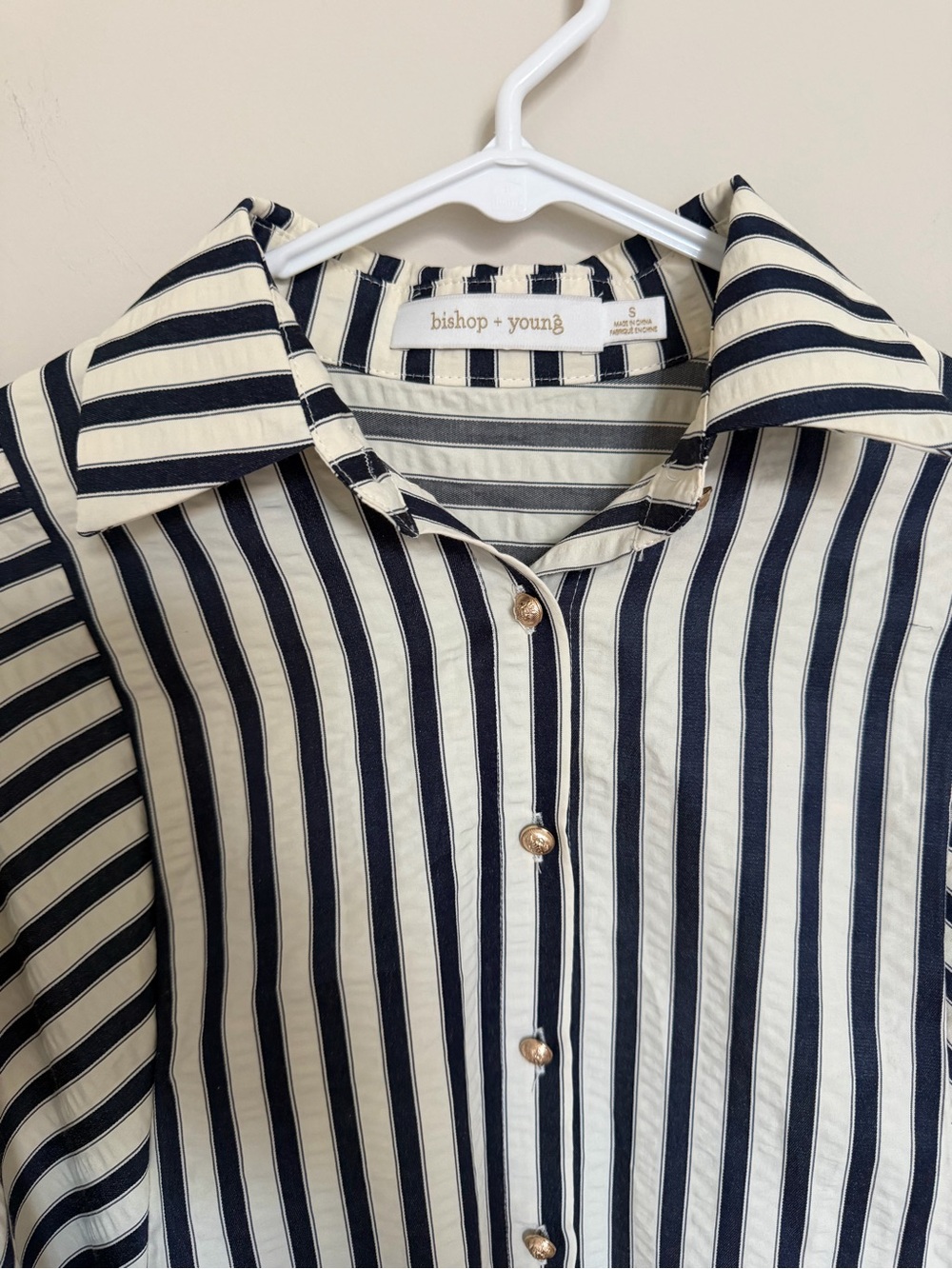 Bishop + Young Black and Cream Striped Button-Up Blouse